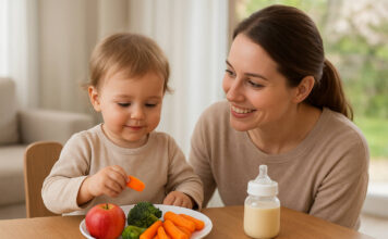 Fenyloketonuria – choroba metaboliczna u dzieci Kobieta troszcząca się o dziecko, na stole produkty polecane przy fenyloketonurii