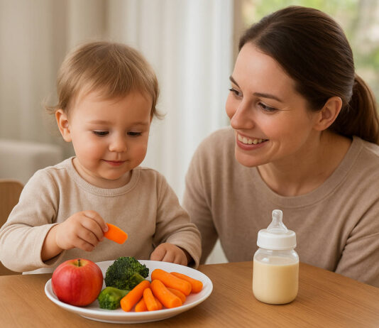 Kobieta troszcząca się o dziecko, na stole produkty polecane przy fenyloketonurii