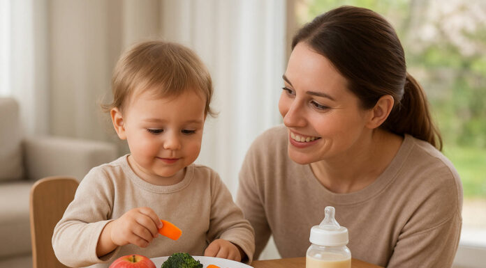 Kobieta troszcząca się o dziecko, na stole produkty polecane przy fenyloketonurii
