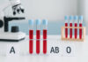 Probówki z krwią i oznaczeniami grup krwi: A, AB, 0