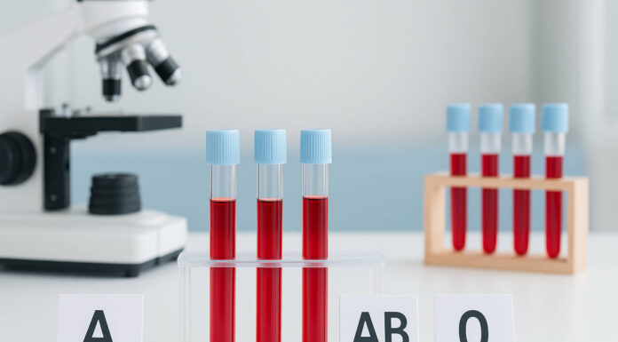 Probówki z krwią i oznaczeniami grup krwi: A, AB, 0