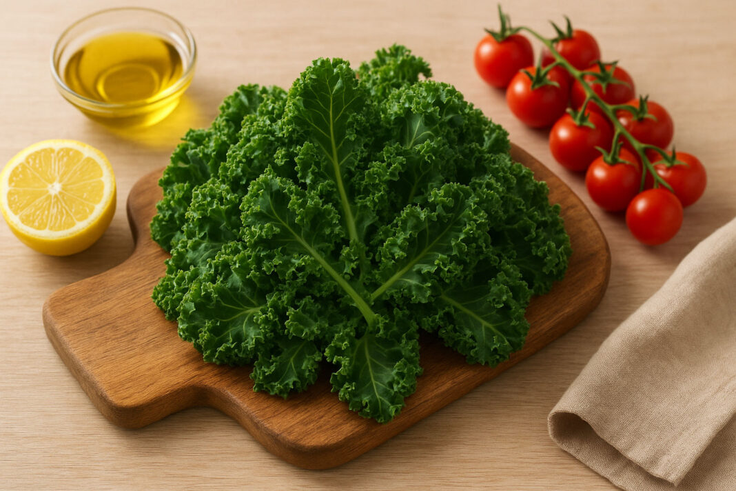 jarmuz Jarmuż na desce, w tle cytryna, miód i pomidorki koktajlowe