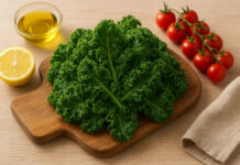 Jarmuż na desce, w tle cytryna, miód i pomidorki koktajlowe