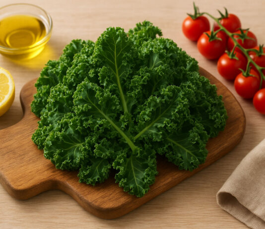 Jarmuż na desce, w tle cytryna, miód i pomidorki koktajlowe