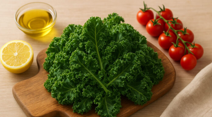 Jarmuż na desce, w tle cytryna, miód i pomidorki koktajlowe