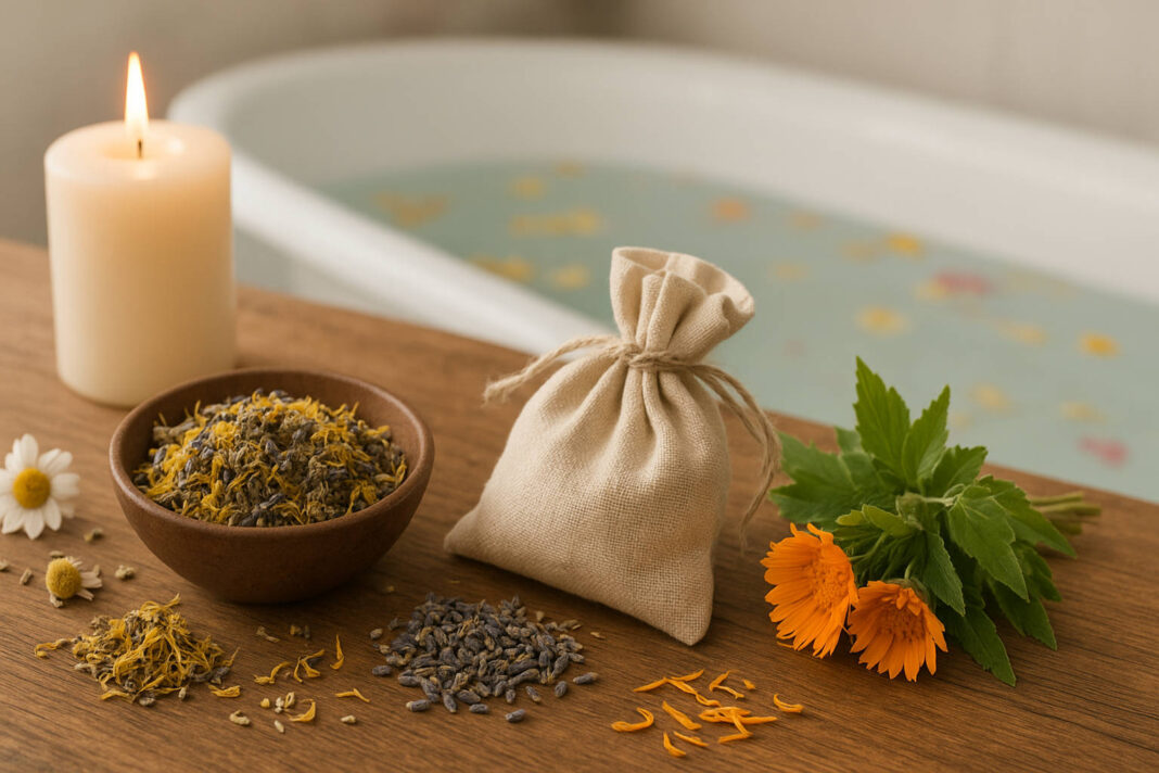 Zioła i świeczka, a w tle kąpiel ziołowa przygotowana w domu