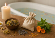 Kąpiel ziołowa w domu – jak ją przygotować i stosować Zioła i świeczka, a w tle kąpiel ziołowa przygotowana w domu