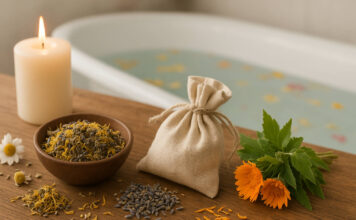 Kąpiel ziołowa w domu – jak ją przygotować i stosować Zioła i świeczka, a w tle kąpiel ziołowa przygotowana w domu