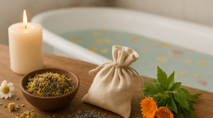 Zioła i świeczka, a w tle kąpiel ziołowa przygotowana w domu