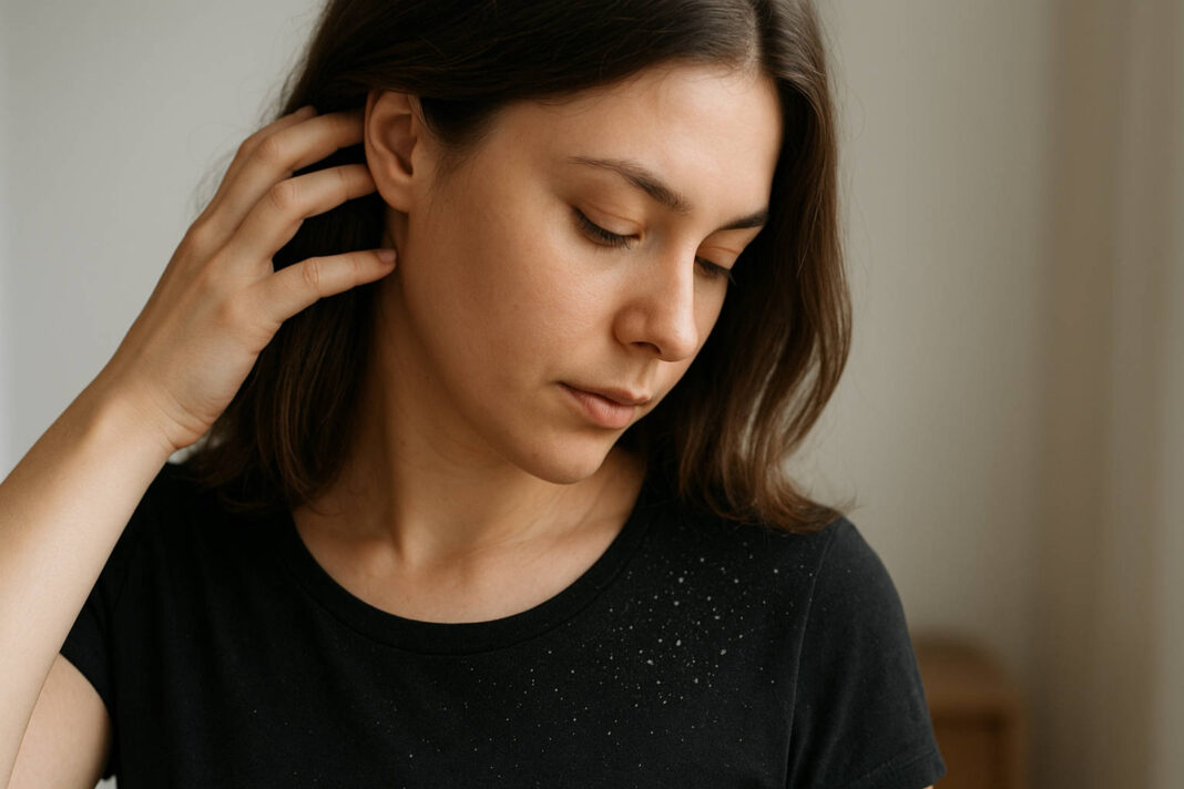 Kobieta odgarniająca włosy z łupieżem