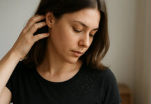 Kobieta odgarniająca włosy z łupieżem