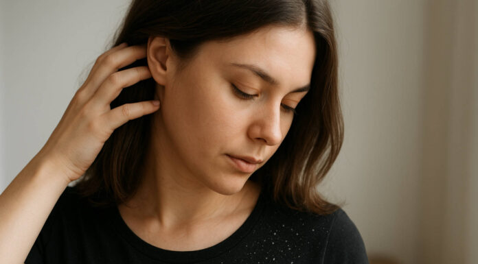 Łupież – przyczyny, rodzaje i skuteczne leczenie Kobieta odgarniająca włosy z łupieżem