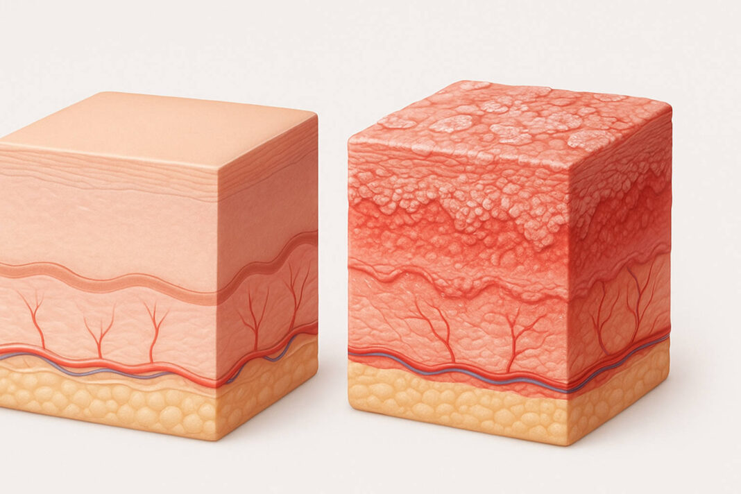 Grafika przekroju skóry bez i z łuszczycą