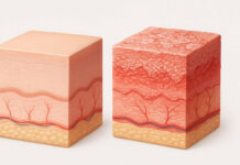 Łuszczyca – przyczyny, objawy i nowoczesne metody leczenia Grafika przekroju skóry bez i z łuszczycą