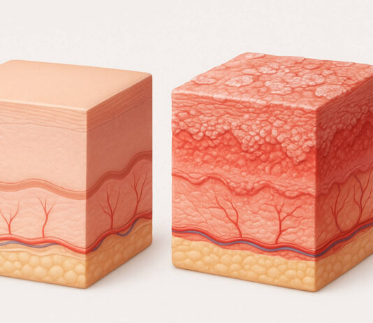 Grafika przekroju skóry bez i z łuszczycą