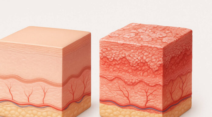 Grafika przekroju skóry bez i z łuszczycą