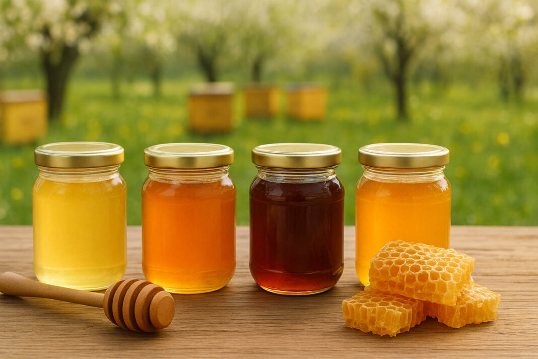 Różne rodzaje miodów na tle pasieki i sadu