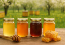 Różne rodzaje miodów na tle pasieki i sadu