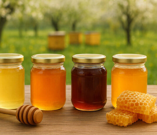 Miód – rodzaje i właściwości zdrowotne Różne rodzaje miodów na tle pasieki i sadu
