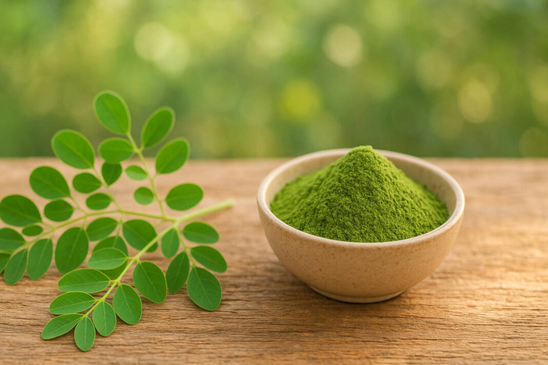 Moringa w formie liścia i proszku w miseczce, w tle wieś i natura