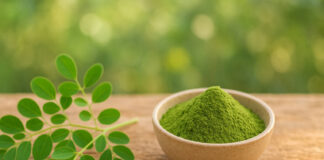 Moringa – roślina pełna składników odżywczych Moringa w formie liścia i proszku w miseczce, w tle wieś i natura