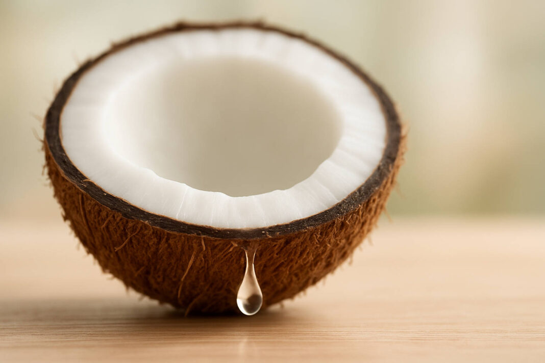 olej-kokosowy-wlasciwosci Symboliczna kropla olejku kokosowego wypływająca z kokosa