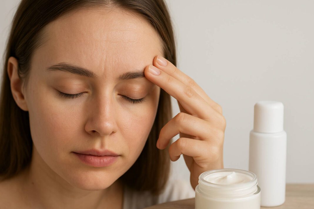 Kobieta z kremami i przesuszoną skórą na twarzy, czole