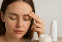 Kobieta z kremami i przesuszoną skórą na twarzy, czole