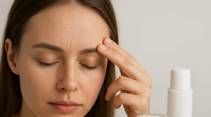 Kobieta z kremami i przesuszoną skórą na twarzy, czole