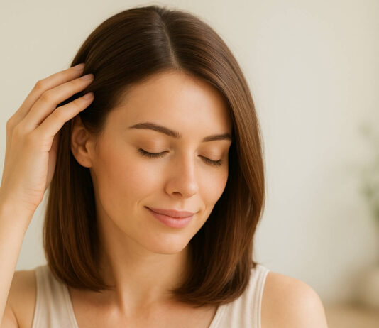 Kobieta przeczesująca ręką włosy