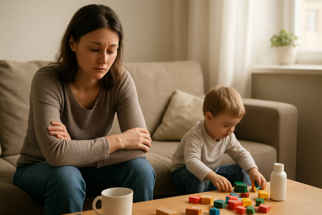 Kobieta z dzieckiem, widoczne zmęczenie