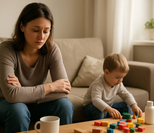 Kobieta z dzieckiem, widoczne zmęczenie