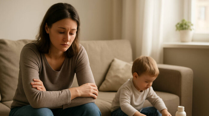 Kobieta z dzieckiem, widoczne zmęczenie