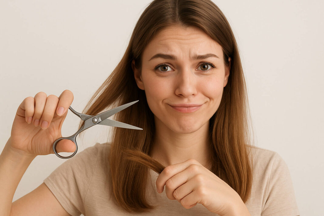 rozdwajajace-sie-koncowki Kobieta w humorystyczny sposób przedstawiająca podcięcie rozdwojonych końcówek włosów