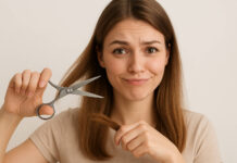 Kobieta w humorystyczny sposób przedstawiająca podcięcie rozdwojonych końcówek włosów