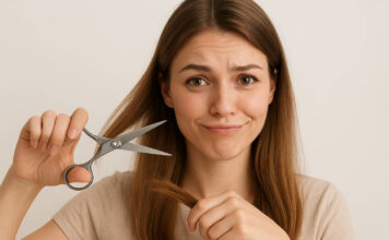 Rozdwajające się końcówki – jak im zapobiegać Kobieta w humorystyczny sposób przedstawiająca podcięcie rozdwojonych końcówek włosów