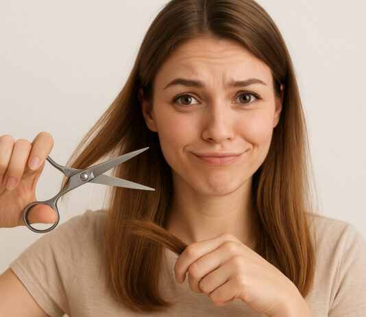 Rozdwajające się końcówki – jak im zapobiegać Kobieta w humorystyczny sposób przedstawiająca podcięcie rozdwojonych końcówek włosów