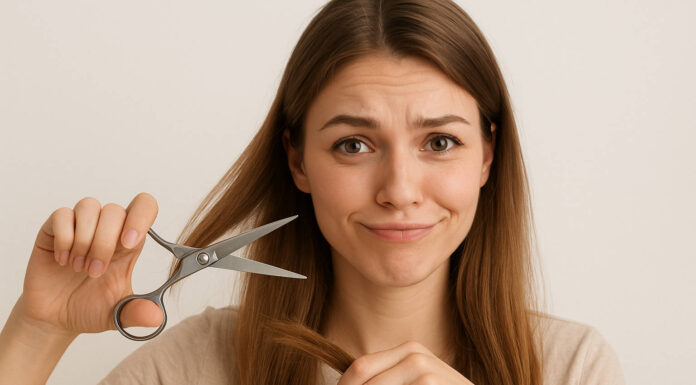 Kobieta w humorystyczny sposób przedstawiająca podcięcie rozdwojonych końcówek włosów