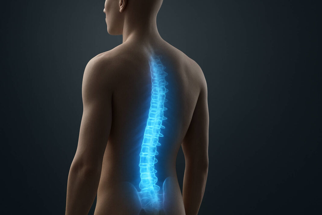 Ilustracja 3d sylwetki czlowieka z zaznaczonym kręgosłupem i jego lędźwiowo-krzyżową częścią