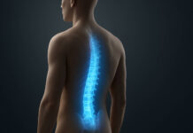 Ilustracja 3d sylwetki czlowieka z zaznaczonym kręgosłupem i jego lędźwiowo-krzyżową częścią