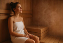 Sauna – korzyści zdrowotne i kiedy lepiej jej unikać Kobieta w ręczniku w saunie