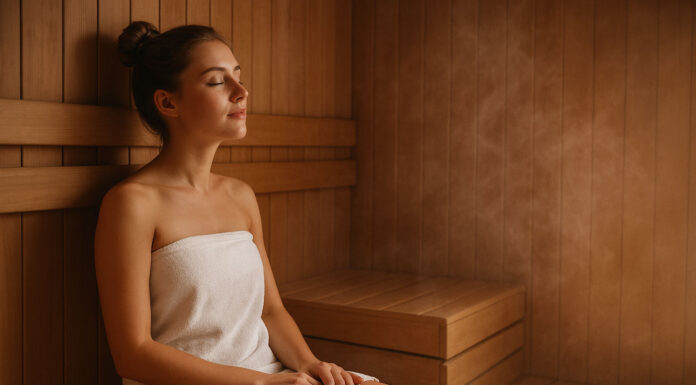 Kobieta w ręczniku w saunie