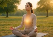 Kobieta w trakcie medytacji, kontrolująca swoj oddech