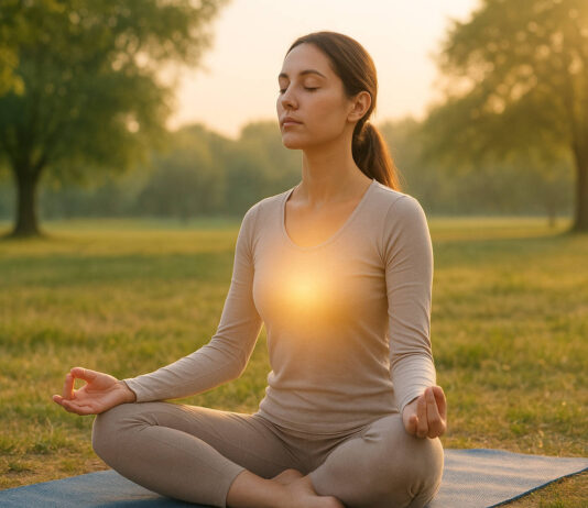Kobieta w trakcie medytacji, kontrolująca swoj oddech