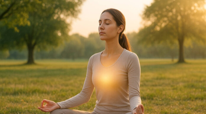 Kobieta w trakcie medytacji, kontrolująca swoj oddech
