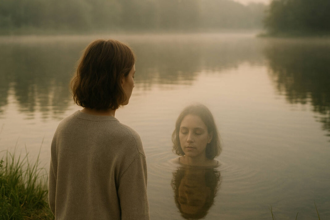 Odbicie kobiety w tafli wody, symbol terapii gestalt