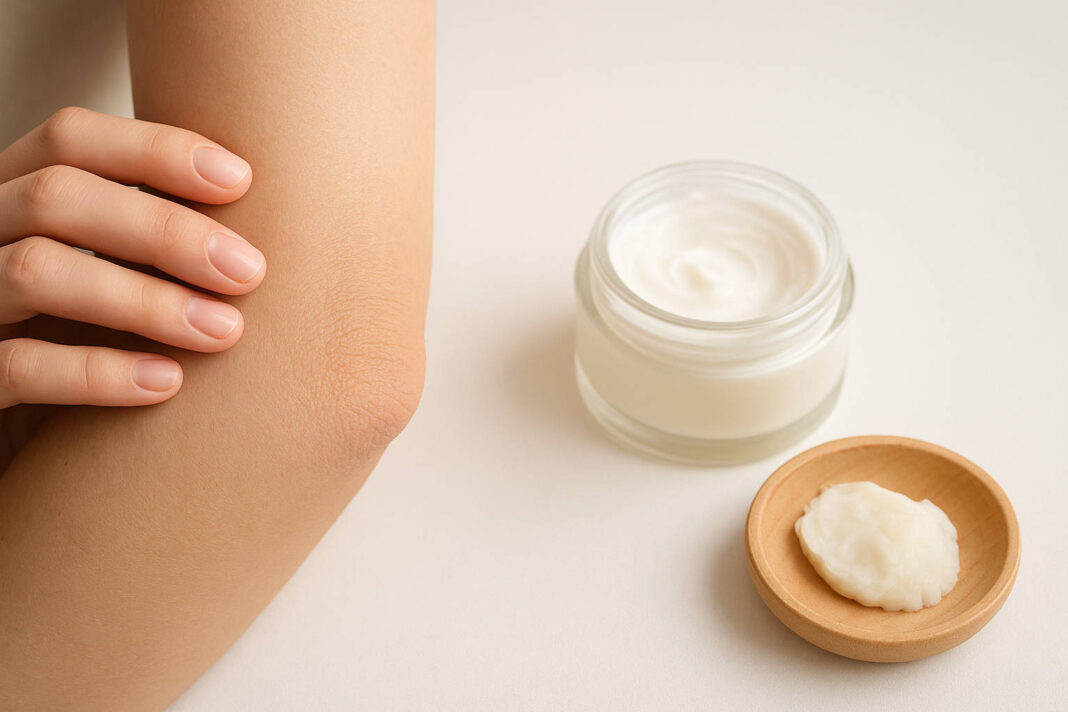wysuszone-lokcie Kobieta z wysuszonym łokciem stosująca krem łagodzący
