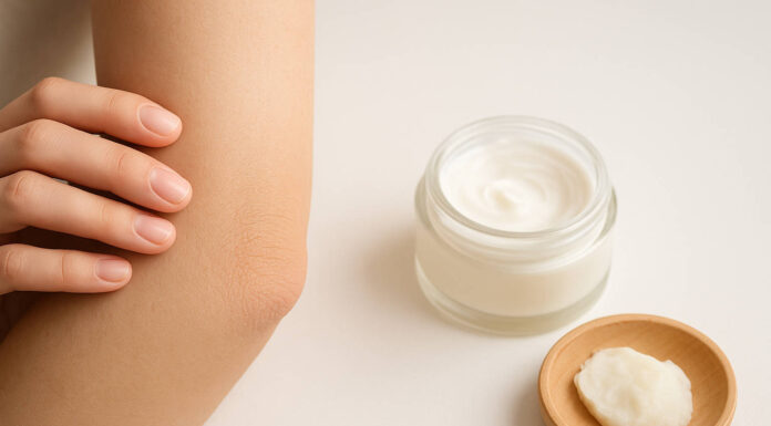 Wysuszone łokcie – przyczyny i sposoby na gładką skórę Kobieta z wysuszonym łokciem stosująca krem łagodzący