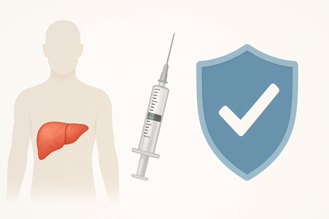 Grafika symbolizująca WZW B, problemy z wątrobą, szczepionka i symbol odporności na chorobę