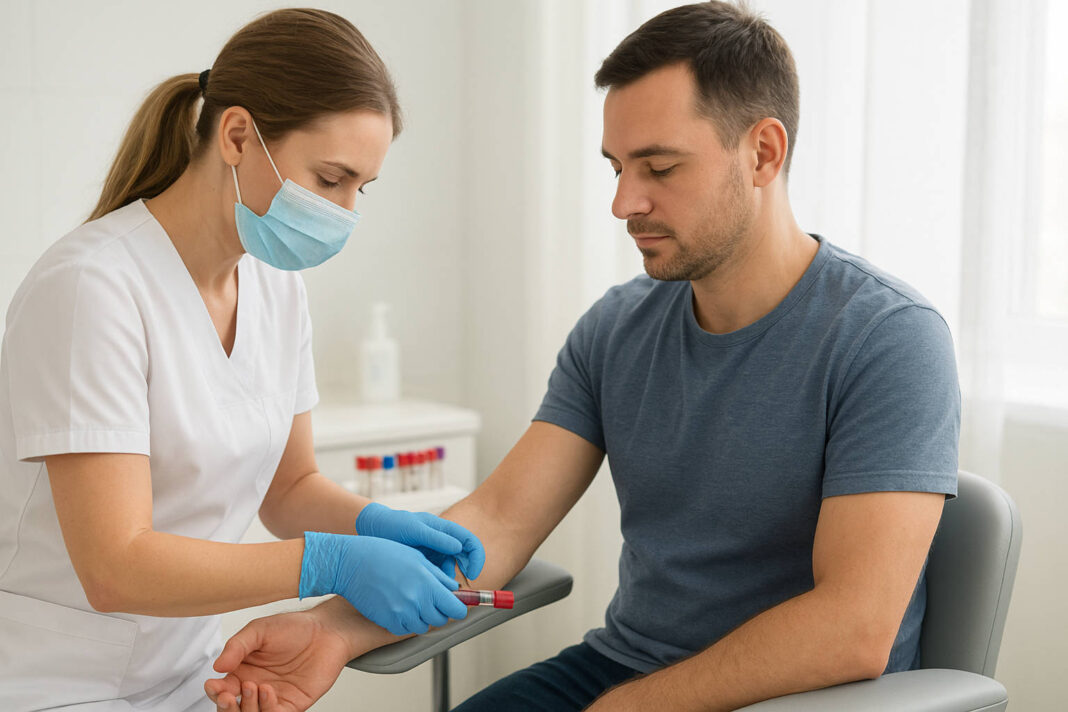 Mężczyzna podczas pobierania krwi w kontekście choroby WZW C